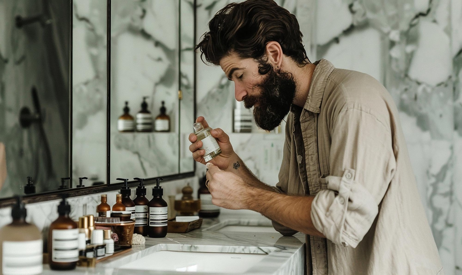 man applying beard oil